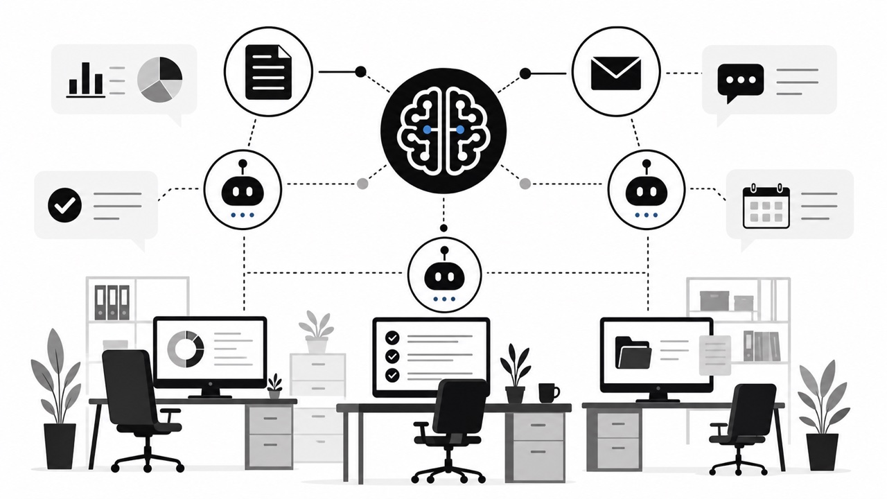 AI社員が業務を支援するオフィスを表したアイキャッチ画像