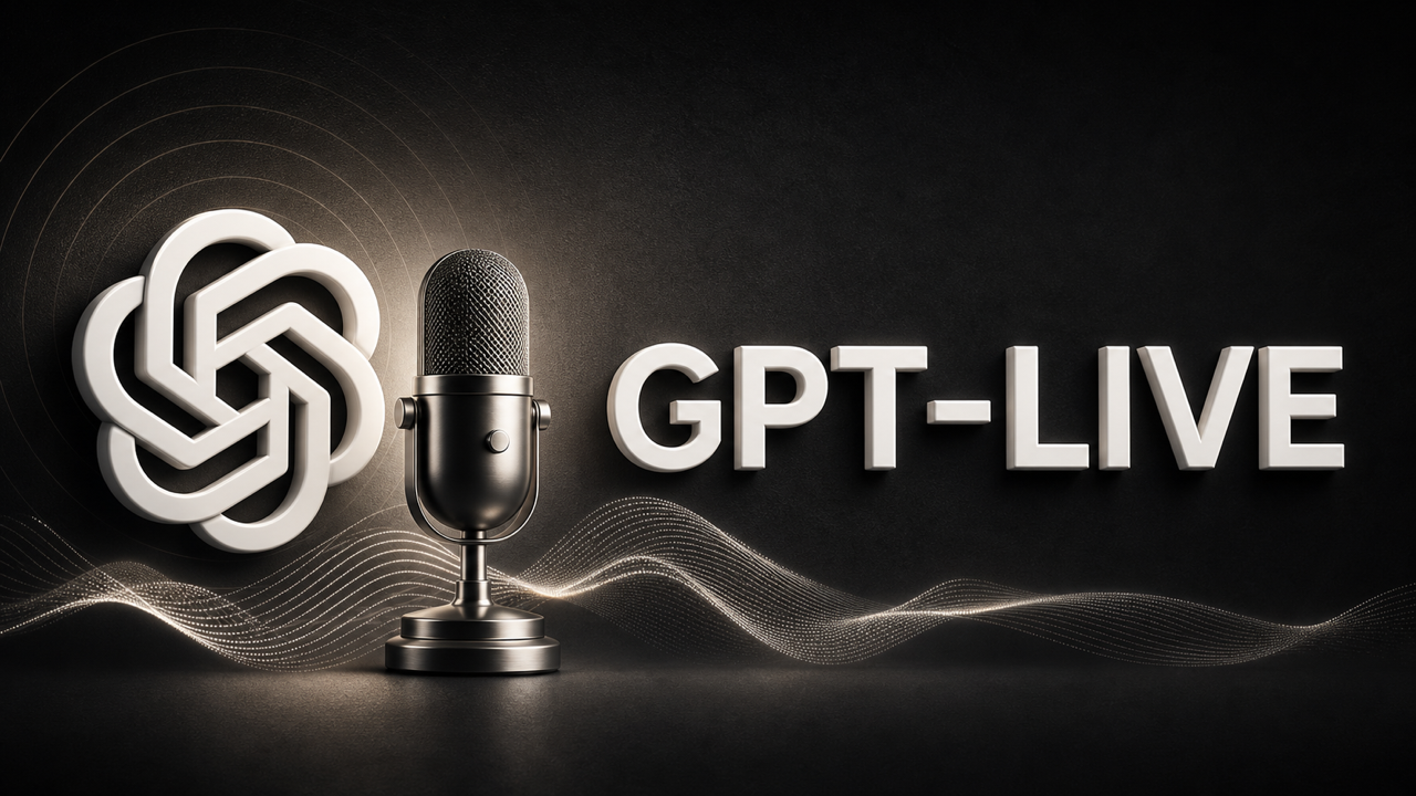 GPT-Liveを表現したマイクと音声波形の黒基調3Dアイキャッチ