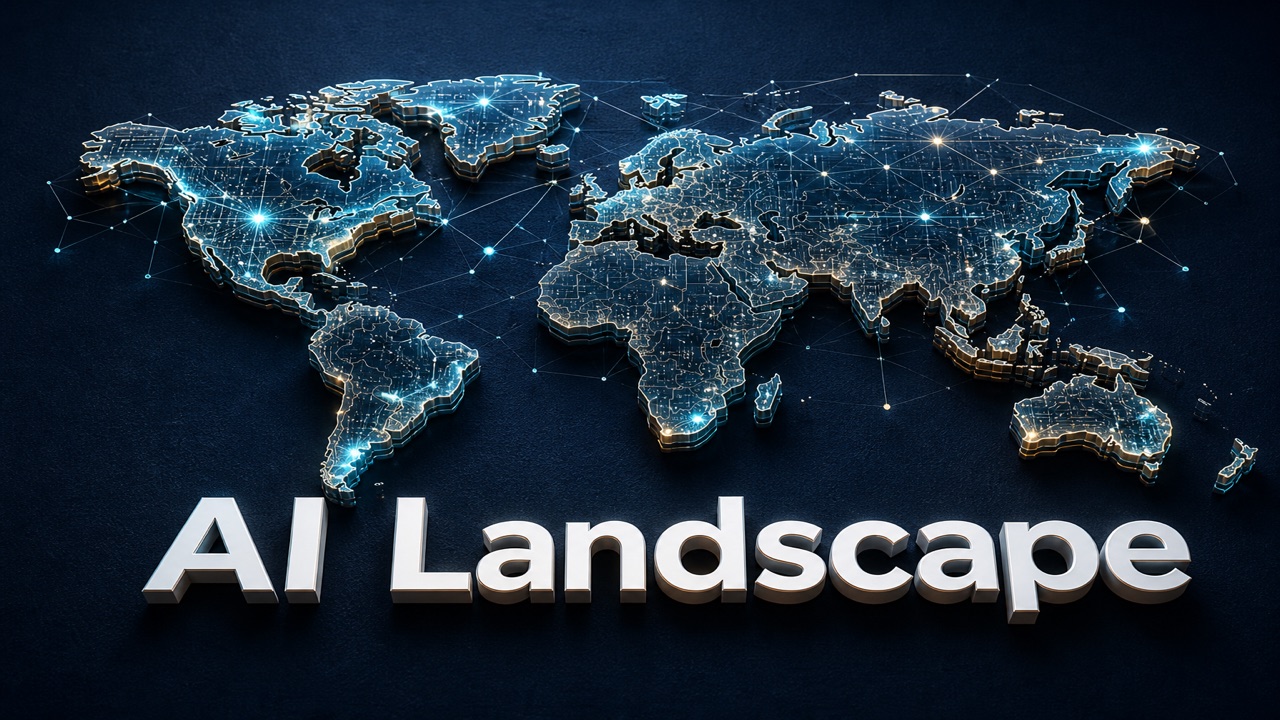 濃紺の背景に回路基板風の立体世界地図と、白い3D文字「AI Landscape」