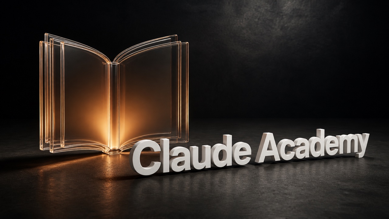 暗い粒子の背景にガラスの本と、白い3D文字「Claude Academy」