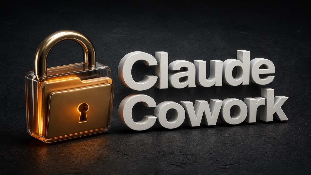 暗い粒子の背景に錠とフォルダ、白い3D文字 Claude Cowork