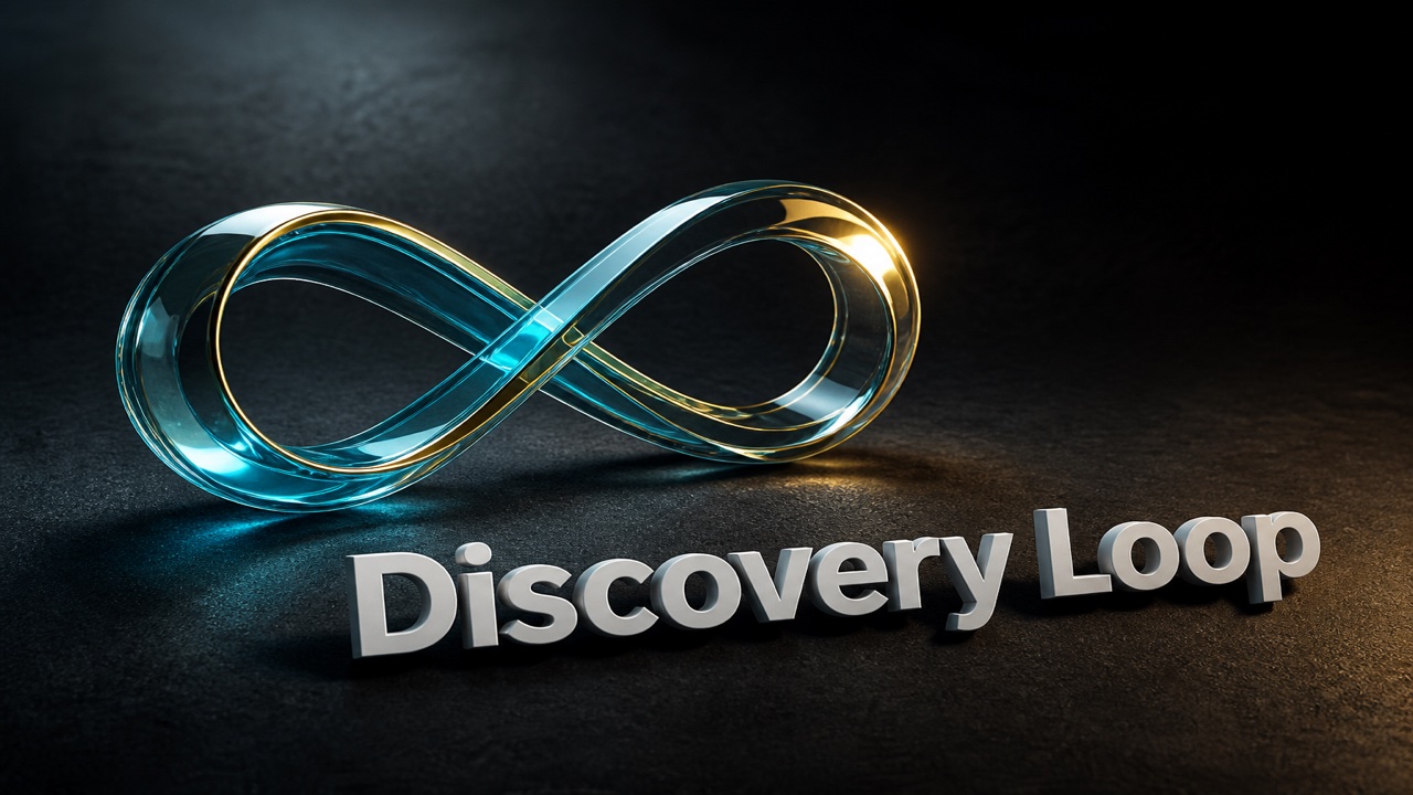 暗い粒子の背景にガラスの無限ループと、白い3D文字「Discovery Loop」