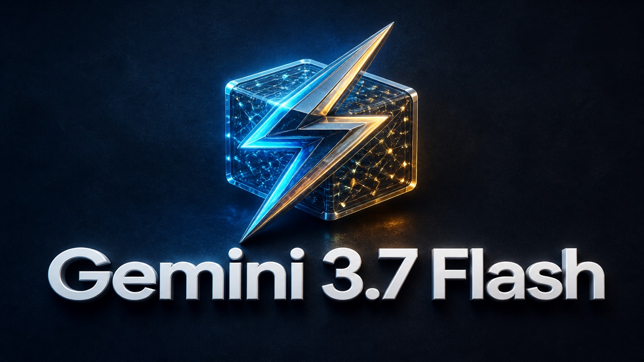 濃紺の背景に立体の閃光コアと白い3D文字「Gemini 3.7 Flash」