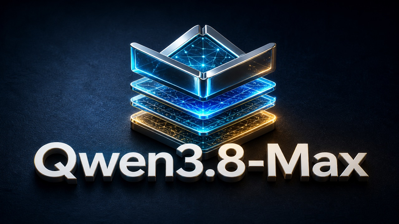 濃紺の背景に立体の積層コアと白い3D文字「Qwen3.8-Max」