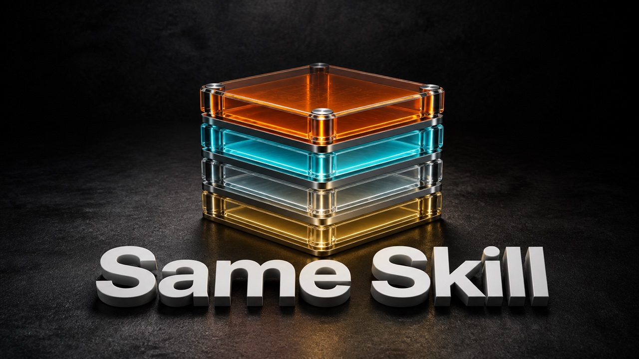 暗い粒子の背景に四層のガラス立方体と、白い3D文字「Same Skill」