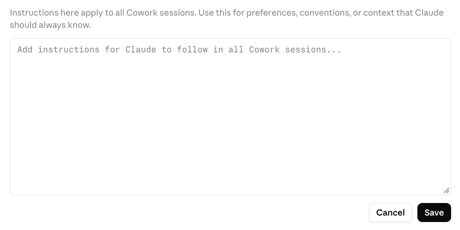 Claude Coworkのグローバル指示の入力画面。すべてのセッションに効くメモ欄