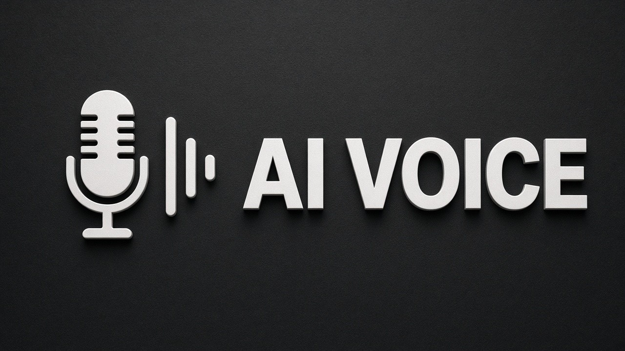 AI VOICE のプレミアム3Dロゴ調アイキャッチ。マイクと立体文字